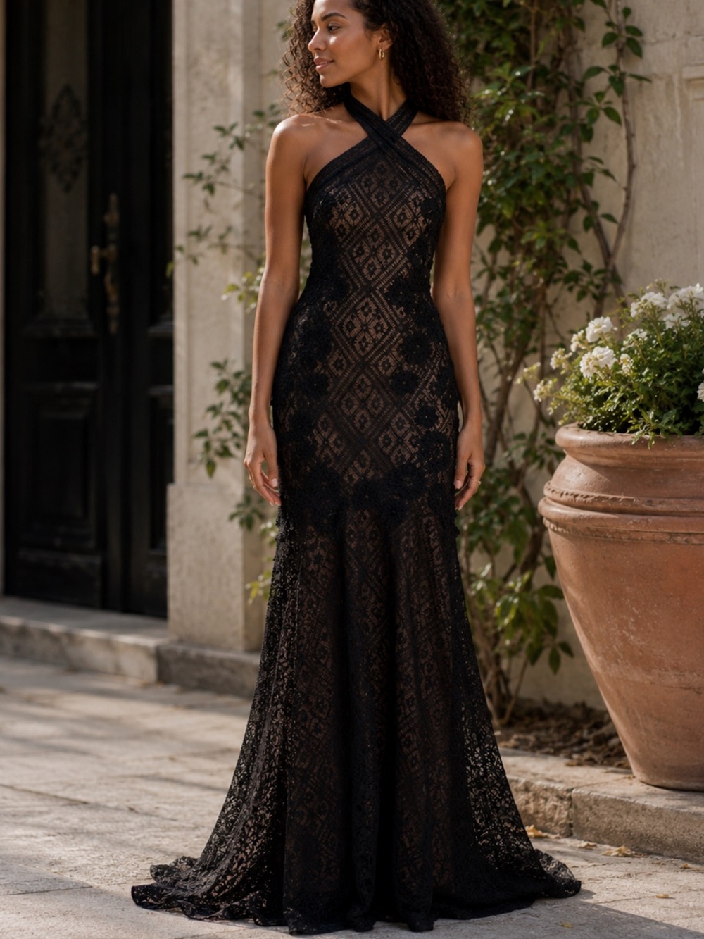 Tadashi Shoji Lakota Black Sequin Halter Neck Evening Gown Maxi Dress Mermaid
